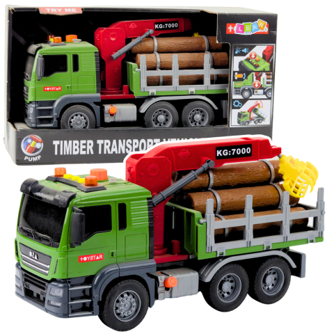 Jucarii - Camion pentru Transport Busteni cu Macara 1:14, Lumini si Sunete, Busteni Inclusi, Baterii Incluse, 3 Ani+