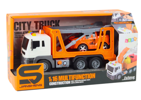 Camion platforma multifunctional 1:16 cu lumini si sunete, portocaliu, cu masina [3]