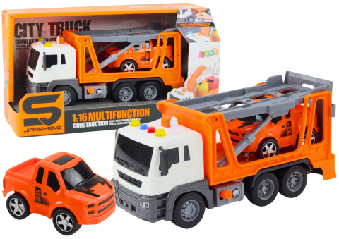 Jucarii - Camion platforma multifunctional 1:16 cu lumini si sunete, portocaliu, cu masina