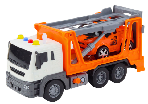 Camion platforma multifunctional 1:16 cu lumini si sunete, portocaliu, cu masina [4]
