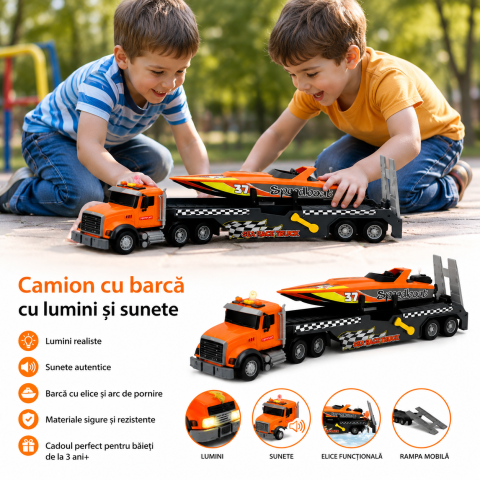 Masinute - Camion transport mare cu barca cu motor, lumini si sunete portocaliu 3+ ani