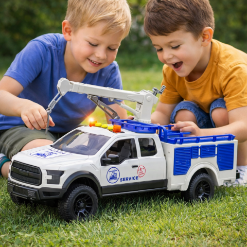 Jucarii Copii - Camion service cu macara lumini sunete alb 1:12