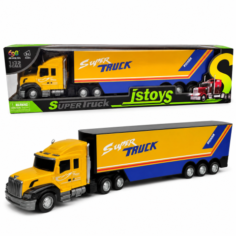 Masinute - Camion jucarie TIR transport marfa cu remorca, scara 1:32, functie cu inertie, galben, 3 ani+
