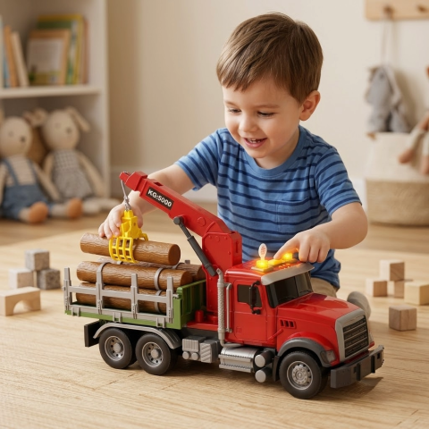 Camion cu Macara pentru Transport Busteni 1:14, Lumini si Sunete, Rosu, copii, 3 Ani+ [1]