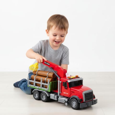 Camion transport busteni cu macara rosie lumini sunete baterii incluse scara 1:14 [1]