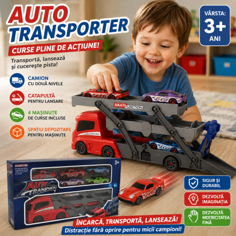 Seturi camion - Camion transportor auto cu catapulta si 4 masinute de curse 3+ ani