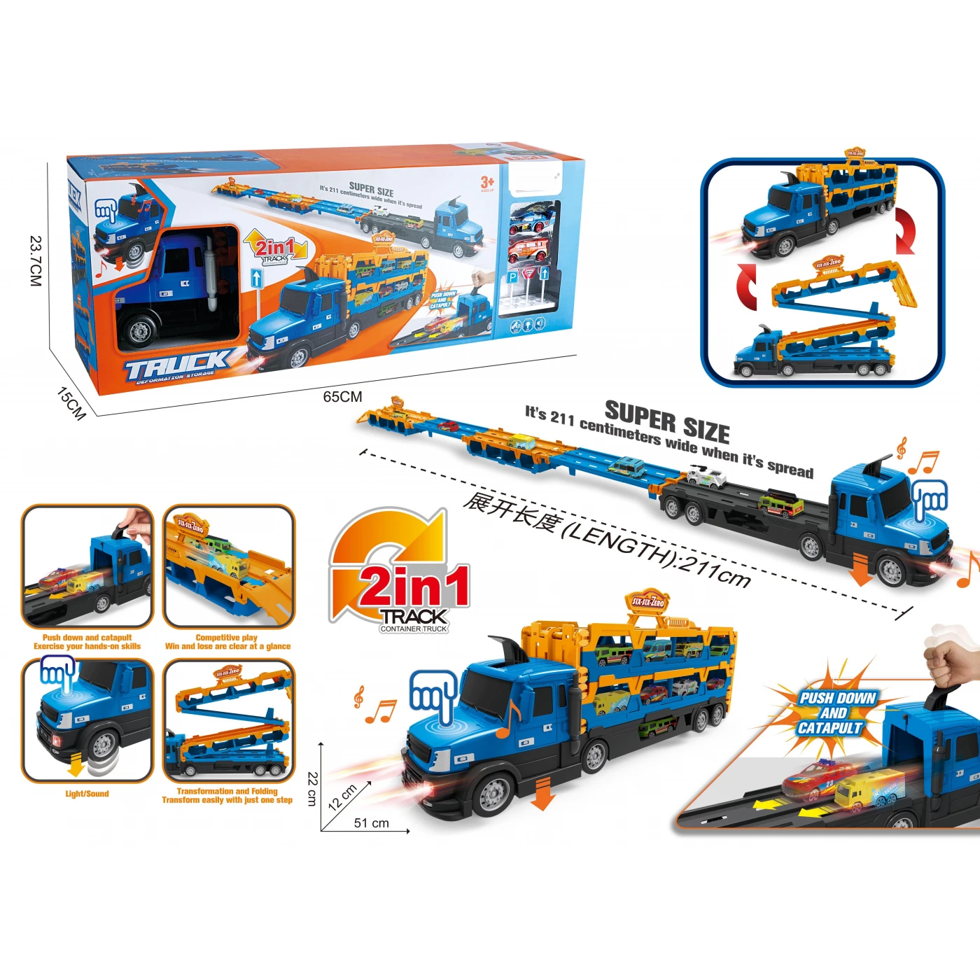 Camion transportor cu lansator, pista extensibila 211 cm, 2 masinute, 7 indicatoare, lumini si sunete, albastru-portocaliu, 3 ani+ [1]