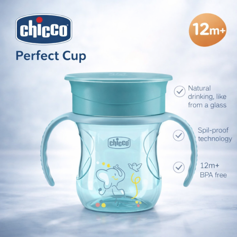 Cani, pahare si accesorii - Cana 360 de grade, anticurgere, cu manere, 200 ml, Chicco Perfect Cup 180684, Albastru