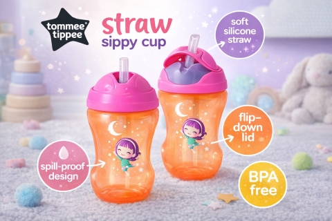 Cani, pahare si accesorii - Cana Tommee Tippee cu pai anti-curgere 7m+ roz, 230ml