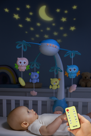 Camera Bebelusului - carusel-patut-proiectie-telecomanda-sunete-animale-albastru-Bebelul