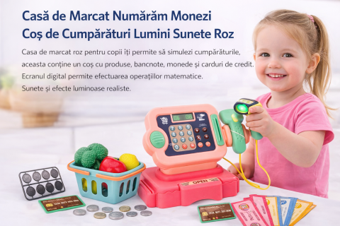 Supermarket - Casa de marcat copii roz cu monede, cos produse, lumini si sunete | 3+ ani