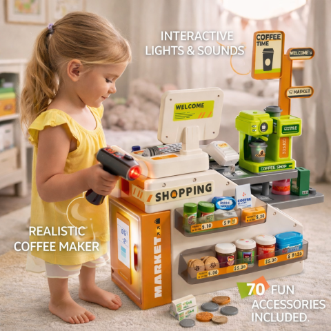 Casa de marcat magazin cafea cu accesorii, lumini si sunete, 70 piese [1]