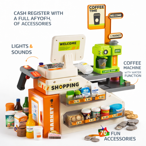 Supermarket - Casa de marcat magazin cafea cu accesorii, lumini si sunete, 70 piese