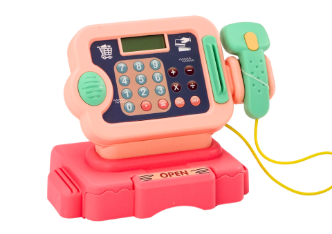 Casa de marcat pentru copii roz cu monede, cos de cumparaturi, lumini si sunete [3]