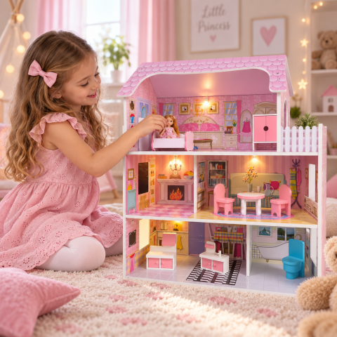 Casuta din lemn pentru papusi cu 3 etaje, 5 camere, terasa, lumini LED si 9 piese mobilier, 70 x 60 x 24 cm, roz, fetite, 3 ani+ [1]