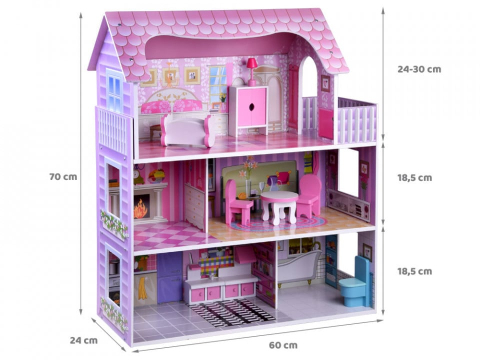 Casuta din lemn pentru papusi cu 3 etaje, 5 camere, terasa, lumini LED si 9 piese mobilier, 70 x 60 x 24 cm, roz, fetite, 3 ani+ [7]