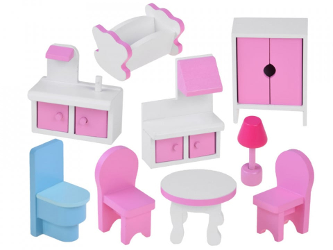 Casuta din lemn pentru papusi cu 3 etaje, 5 camere, terasa, lumini LED si 9 piese mobilier, 70 x 60 x 24 cm, roz, fetite, 3 ani+ [5]