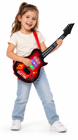 Muzica si instrumente - Chitara electrica copii cu 16 melodii si ritmuri, lumini LED colorate, 4 corzi si curea, 54 cm, rosie, 3 ani+