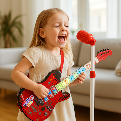 Jucarii Copii - Chitara Electrica cu Stativ si Microfon, Alimentare pe Baterii, Rosie