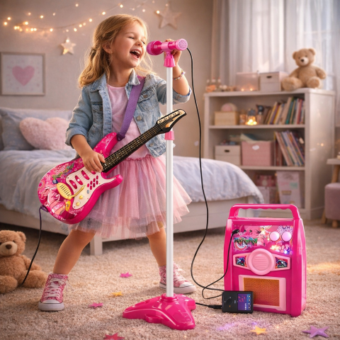 Muzica si instrumente - Chitara electrica roz cu microfon si amplificator
