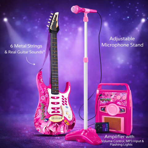 Chitara electrica roz cu microfon si amplificator [1]