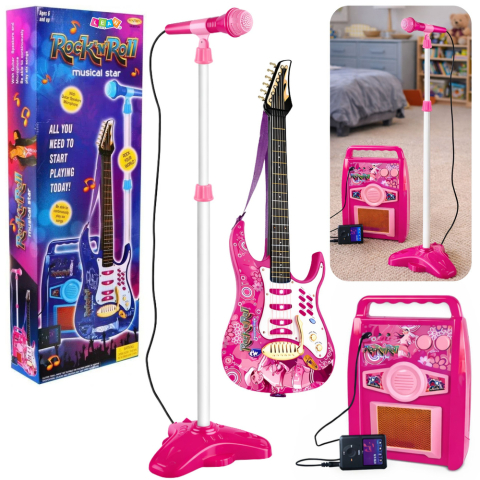Chitara electrica roz cu microfon si amplificator [2]