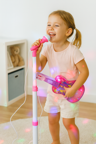 Interactive, educative si muzicale - chitara-electrica-roz-microfon-stativ-copii-lumini-melodii-Bebelul