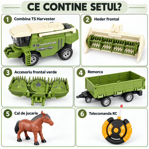 Combina agricola RC T5 Harvester cu remorca si cal, telecomanda, 60x12x24 cm, 3 ani+ [7]