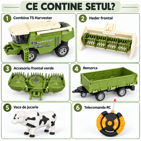 Combina agricola RC T5 Harvester cu remorca si vacuta, telecomanda, 60x12x24 cm, 3 ani+ [1]