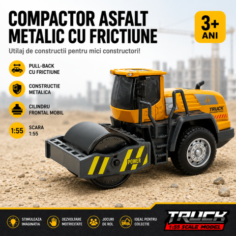 Vehicule de constructii - Compactor asfalt metalic cu frictiune scara 1:55 XU YE Construction Truck