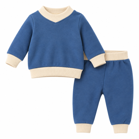 Imbracaminte - Compleu pentru baietei, 2 piese, bluza si pantaloni, albastru cu insertii crem, 95% bumbac, 3-18 luni