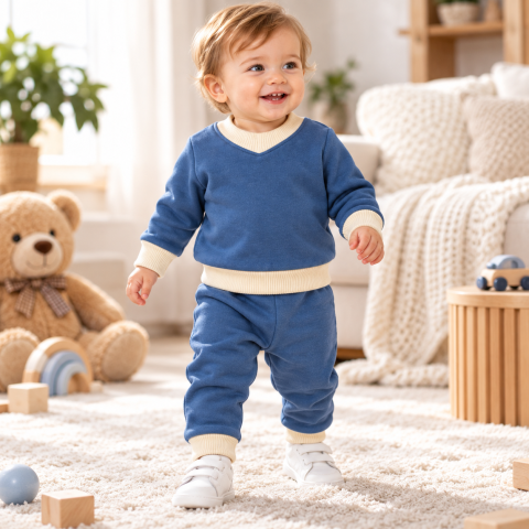 Compleu pentru baietei, 2 piese, bluza si pantaloni, albastru cu insertii crem, 95% bumbac, 3-18 luni [6]