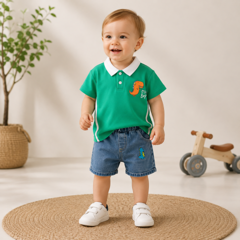 Compleu baieti cu tricou polo verde si bermude denim Dino [1]