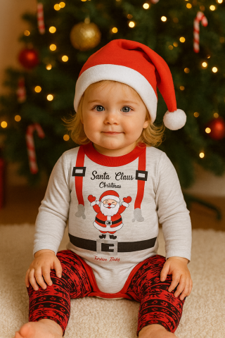 Imbracaminte - Compleu bebe Mos Craciun – set 3 piese body, pantaloni si caciula