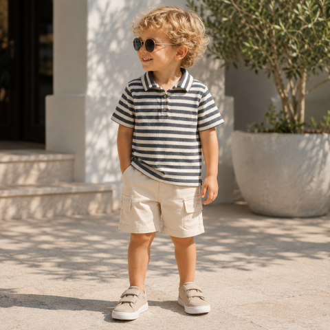Imbracaminte - Compleu vara baieti tricou cu guler si bermude COMFORT bumbac gri-crem 3-6 ani