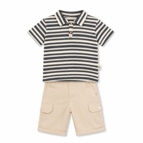 Compleu vara baieti tricou cu guler si bermude COMFORT bumbac gri-crem [2]