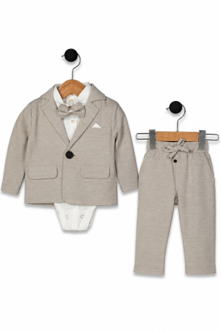 Costum bebe baieti Terry 100% bumbac gri deschis sacou camasa cu body papion si pantaloni 6-24 luni [3]