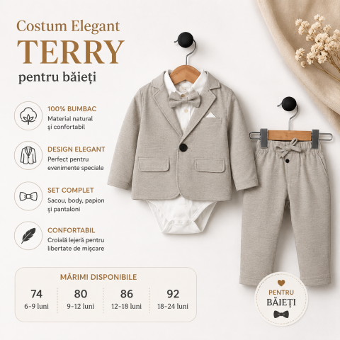 Imbracaminte - Costum bebe baieti Terry 100% bumbac gri deschis sacou camasa cu body papion si pantaloni 6-24 luni