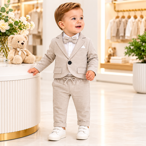Costum bebe baieti Terry 100% bumbac gri deschis sacou camasa cu body papion si pantaloni 6-24 luni [2]