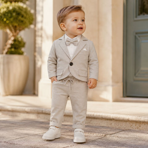 Costum bebe baieti Terry 100% bumbac gri deschis sacou camasa cu body papion si pantaloni 6-24 luni [1]