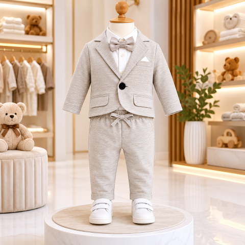 Imbracaminte - Costum bebe baieti Terry 100% bumbac gri deschis sacou camasa cu body papion si pantaloni 6-24 luni