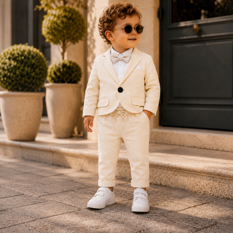 Costum bebe baieti Terry 100% bumbac crem  sacou camasa cu body papion si pantaloni 6-24 luni [1]