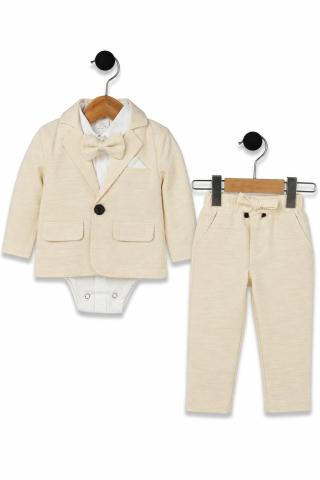 Costum bebe baieti Terry 100% bumbac crem  sacou camasa cu body papion si pantaloni 6-24 luni [3]