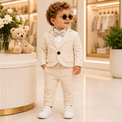 Costum bebe baieti Terry 100% bumbac crem  sacou camasa cu body papion si pantaloni 6-24 luni [2]