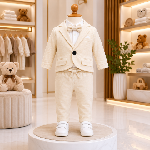 Imbracaminte - Costum bebe baieti Terry 100% bumbac crem  sacou camasa cu body papion si pantaloni 6-24 luni
