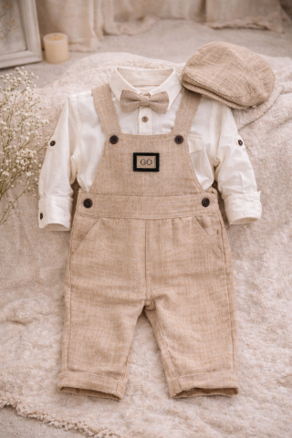 Set elegant bebe bej cu salopeta camasa papion si palarie [3]