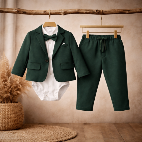 Esentiale nou-nascuti - Costum elegant bebe verde baieti Terry