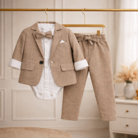 Esentiale nou-nascuti - Costum elegant bebe bej baieti Terry