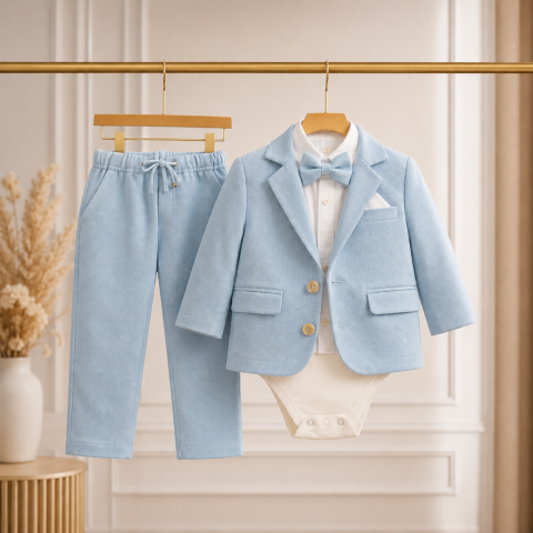 Costum elegant bebelusi albastru cu sacou papion si pantaloni elastici cu snur [1]