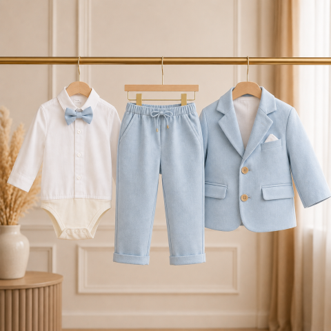 Costum elegant bebelusi albastru cu sacou papion si pantaloni elastici cu snur [3]